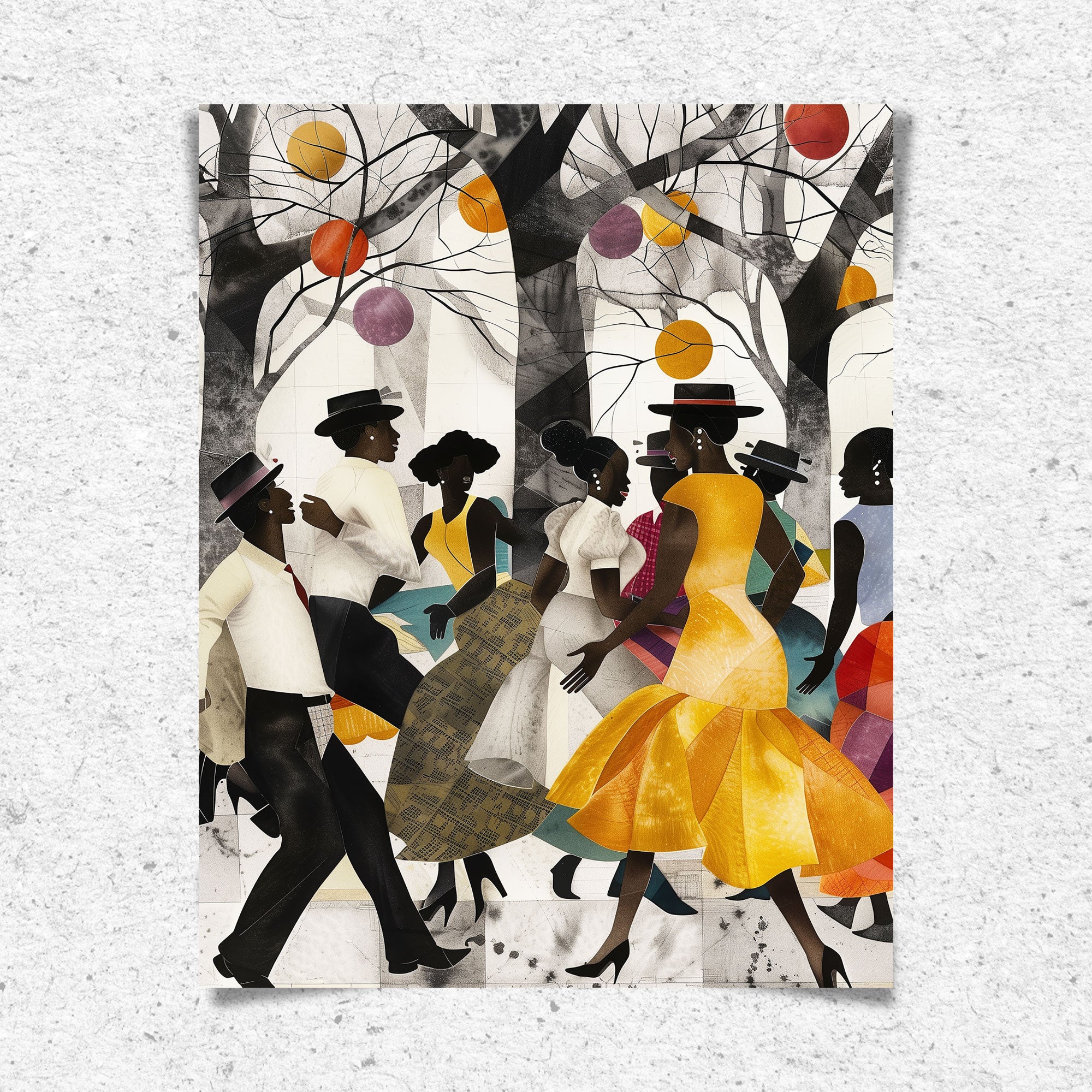 Juneteenth Party Celebration Art Print titled “Picnic in the Park,” featuring African American families and friends gathering outdoors with vibrant Afrocentric colors and patterns; joyful scene of music, food, and community celebrating freedom and heritage.