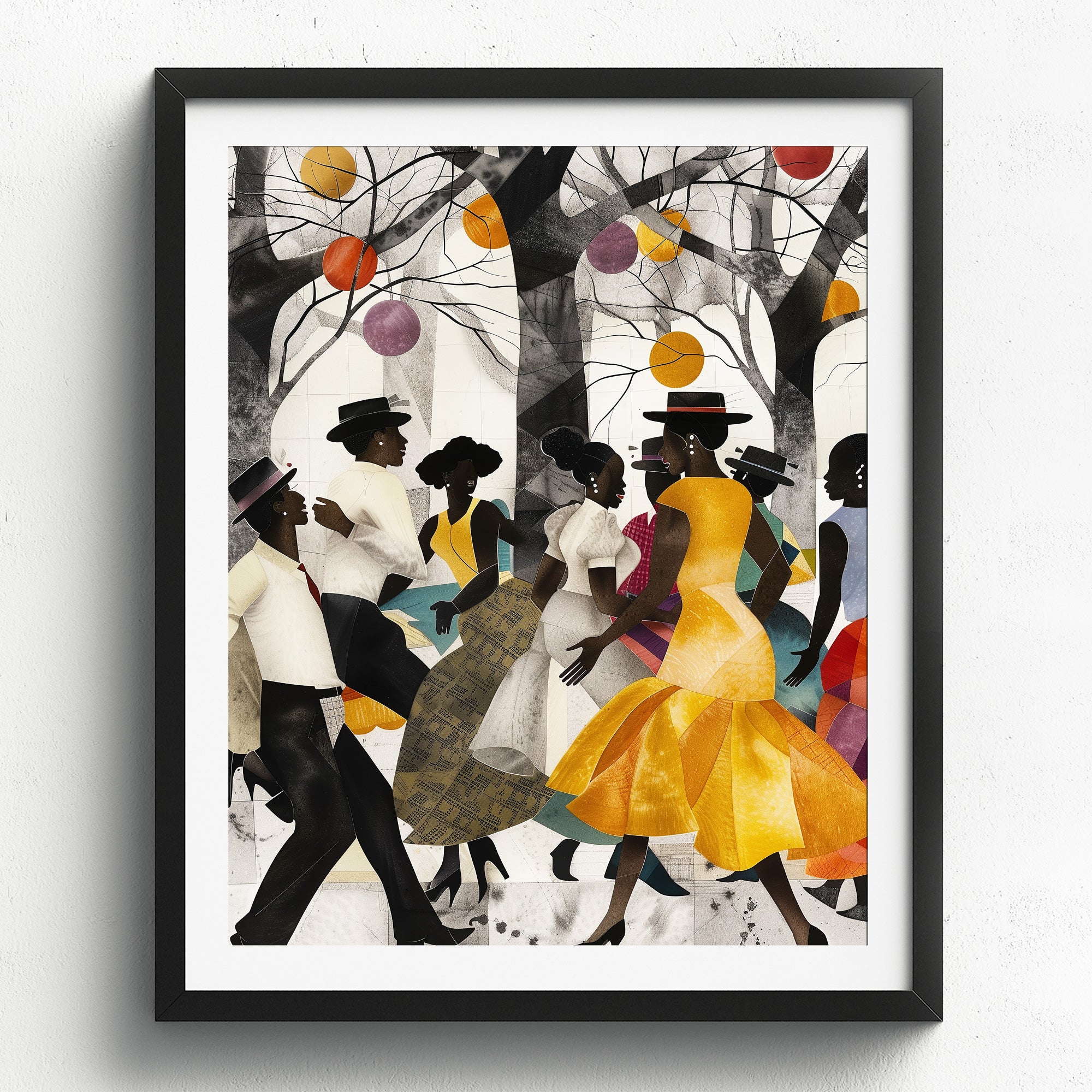 Juneteenth Party Celebration Art Print titled “Picnic in the Park,” featuring African American families and friends gathering outdoors with vibrant Afrocentric colors and patterns; joyful scene of music, food, and community celebrating freedom and heritage.