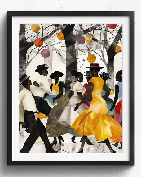 Juneteenth Party Celebration Art Print titled “Picnic in the Park,” featuring African American families and friends gathering outdoors with vibrant Afrocentric colors and patterns; joyful scene of music, food, and community celebrating freedom and heritage.