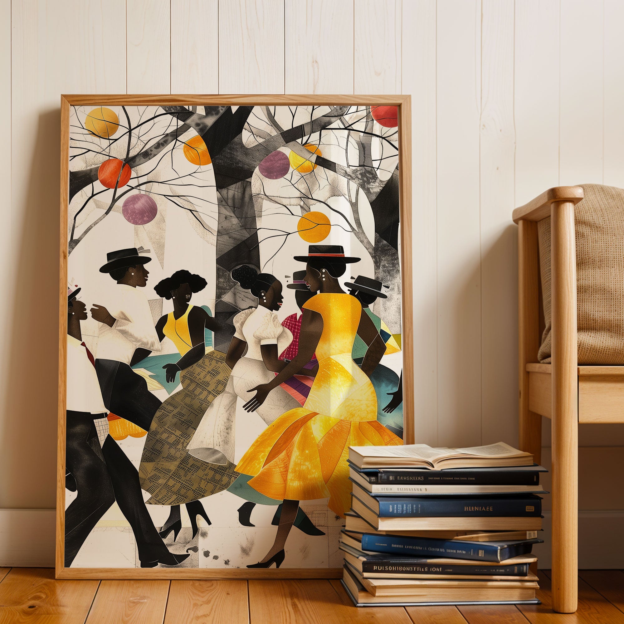 Juneteenth Party Celebration Art Print titled “Picnic in the Park,” featuring African American families and friends gathering outdoors with vibrant Afrocentric colors and patterns; joyful scene of music, food, and community celebrating freedom and heritage.