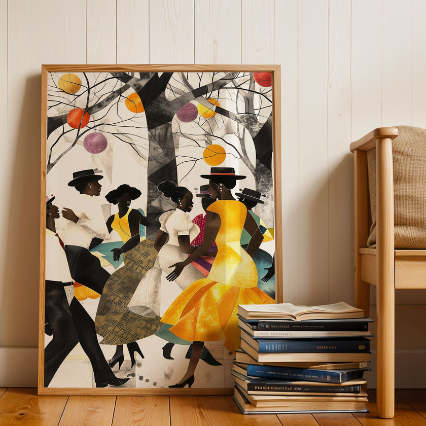 Juneteenth Party Celebration Art Print titled “Picnic in the Park,” featuring African American families and friends gathering outdoors with vibrant Afrocentric colors and patterns; joyful scene of music, food, and community celebrating freedom and heritage.