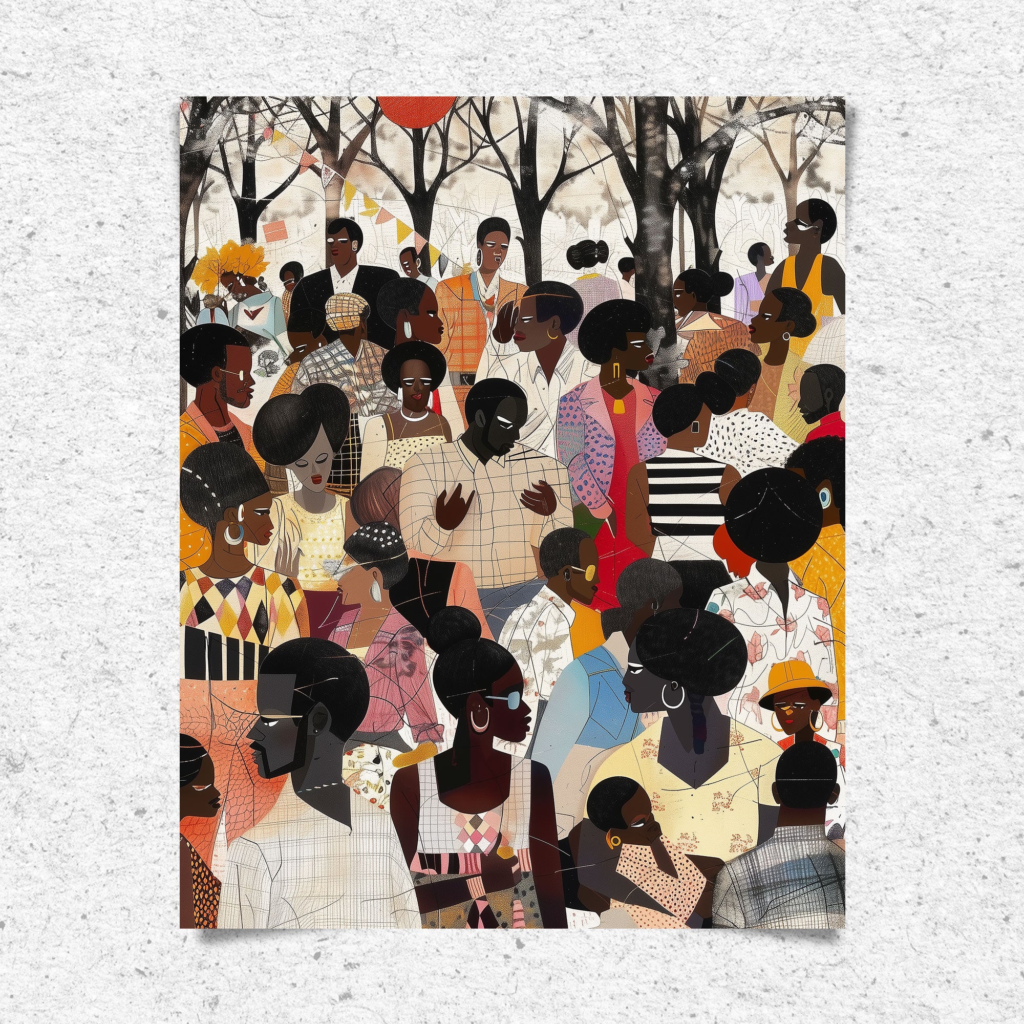 Juneteenth Art Print featuring an African American family reunion celebration in an Afrocentric outdoor setting. Vibrant digital artwork showcasing Black joy, unity, and heritage with bold colors representing freedom and cultural pride.