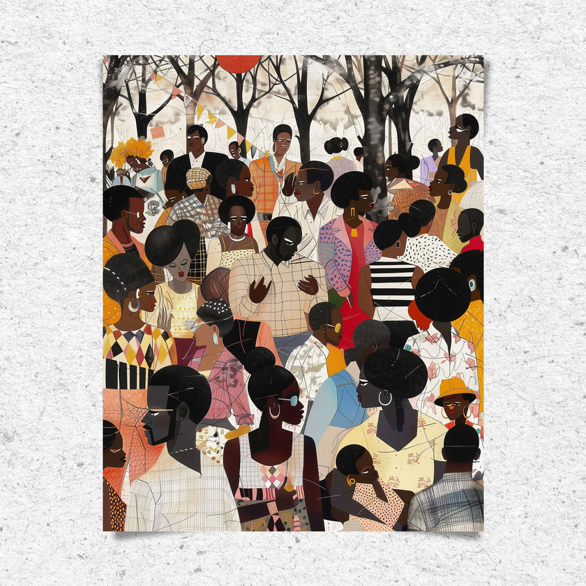 Juneteenth Art Print featuring an African American family reunion celebration in an Afrocentric outdoor setting. Vibrant digital artwork showcasing Black joy, unity, and heritage with bold colors representing freedom and cultural pride.