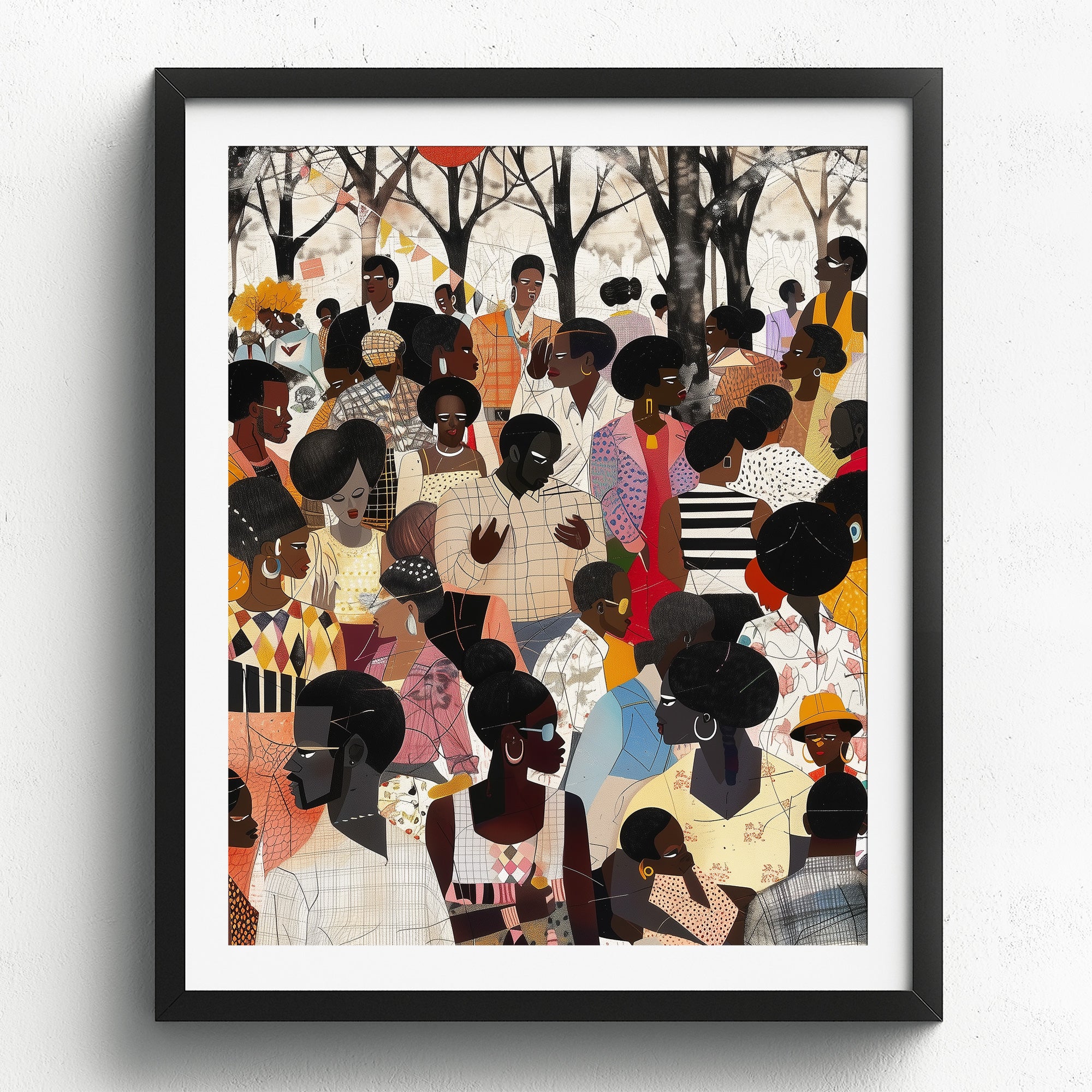 Juneteenth Art Print featuring an African American family reunion celebration in an Afrocentric outdoor setting. Vibrant digital artwork showcasing Black joy, unity, and heritage with bold colors representing freedom and cultural pride.
