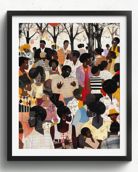 Juneteenth Art Print featuring an African American family reunion celebration in an Afrocentric outdoor setting. Vibrant digital artwork showcasing Black joy, unity, and heritage with bold colors representing freedom and cultural pride.