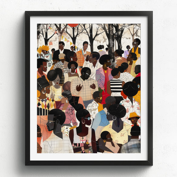 Juneteenth Art Print featuring an African American family reunion celebration in an Afrocentric outdoor setting. Vibrant digital artwork showcasing Black joy, unity, and heritage with bold colors representing freedom and cultural pride.
