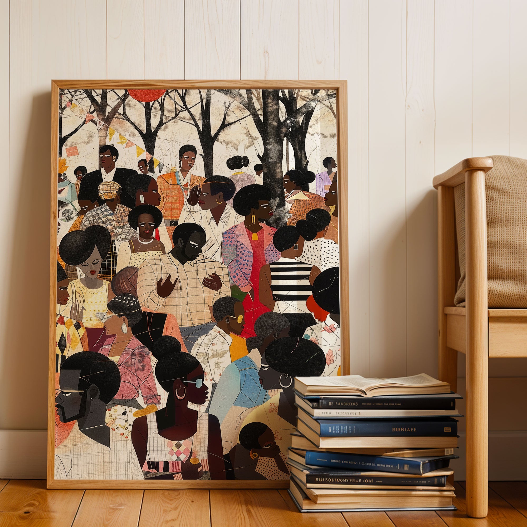 Juneteenth Art Print featuring an African American family reunion celebration in an Afrocentric outdoor setting. Vibrant digital artwork showcasing Black joy, unity, and heritage with bold colors representing freedom and cultural pride.