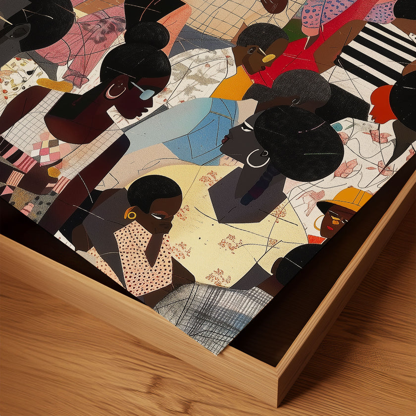 Juneteenth Art Print featuring an African American family reunion celebration in an Afrocentric outdoor setting. Vibrant digital artwork showcasing Black joy, unity, and heritage with bold colors representing freedom and cultural pride.