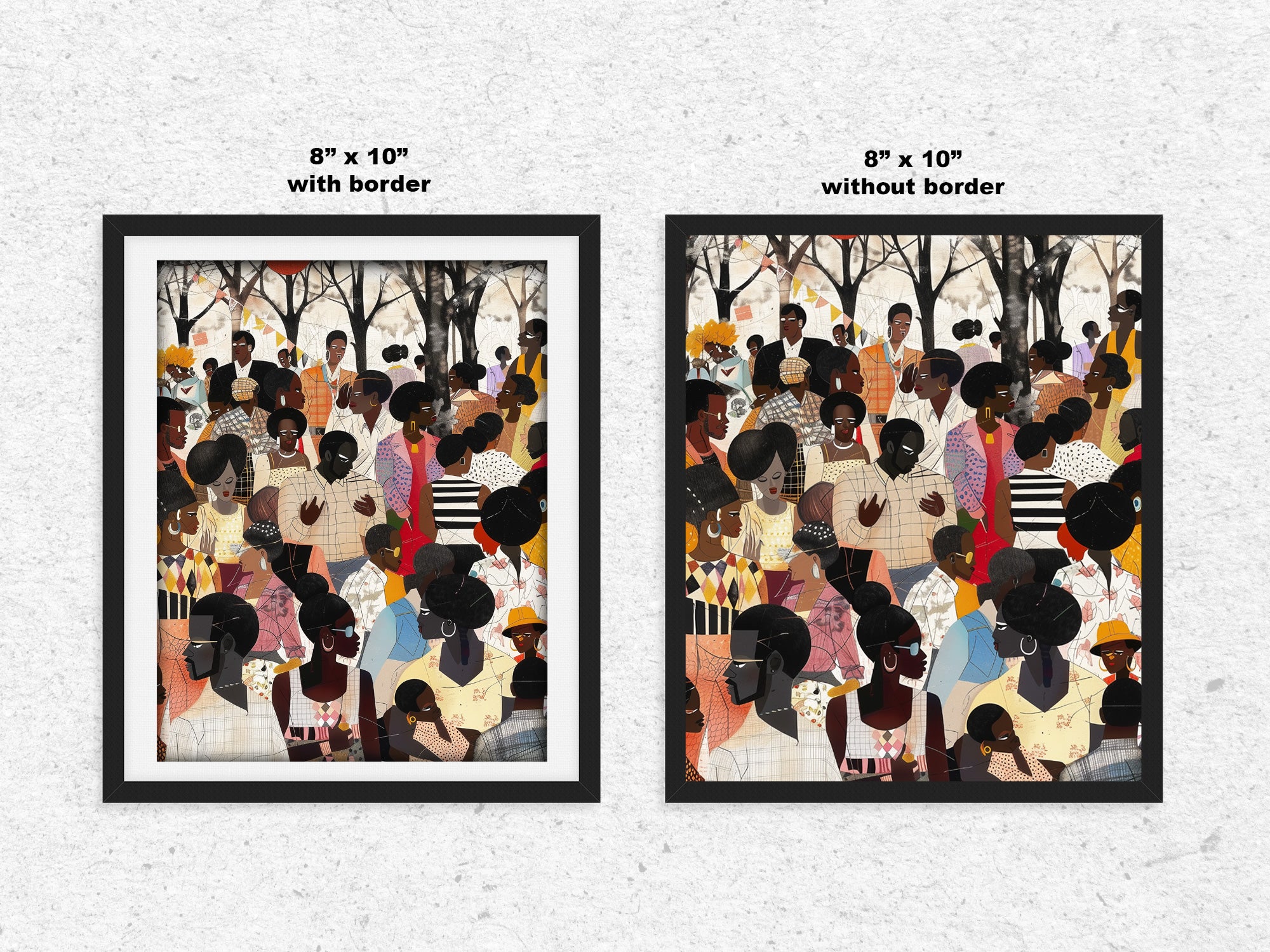 Juneteenth Art Print featuring an African American family reunion celebration in an Afrocentric outdoor setting. Vibrant digital artwork showcasing Black joy, unity, and heritage with bold colors representing freedom and cultural pride.