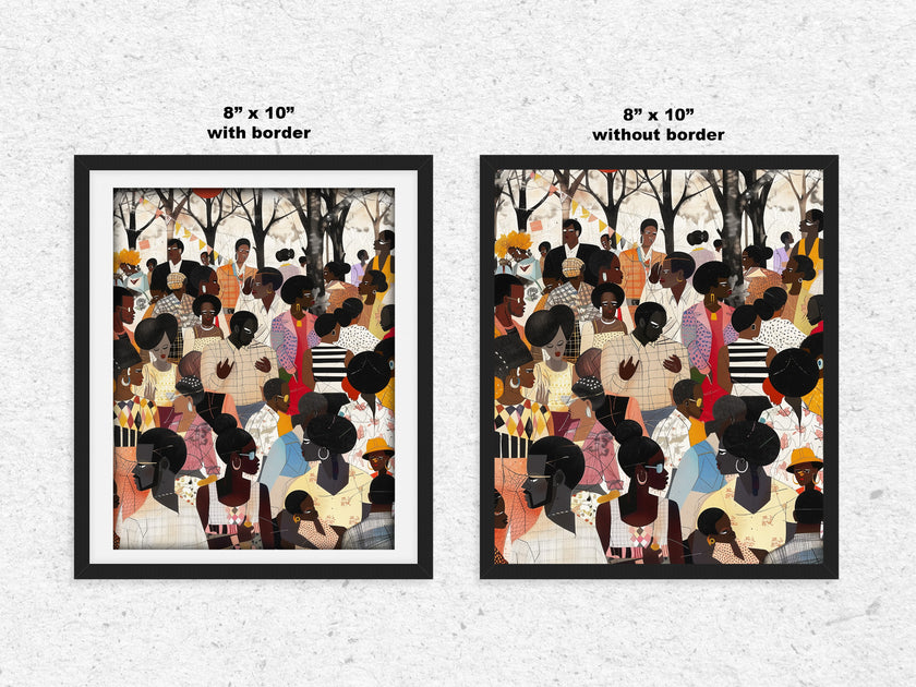 Juneteenth Art Print featuring an African American family reunion celebration in an Afrocentric outdoor setting. Vibrant digital artwork showcasing Black joy, unity, and heritage with bold colors representing freedom and cultural pride.