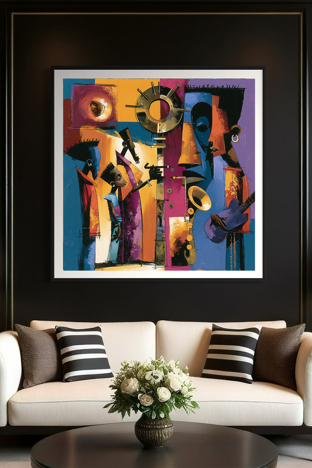 A colorful abstract wall art print featuring geometric faces and musical instruments in blue, purple, orange, pink, and yellow tones, displayed above a cream sofa in a modern living room setting.