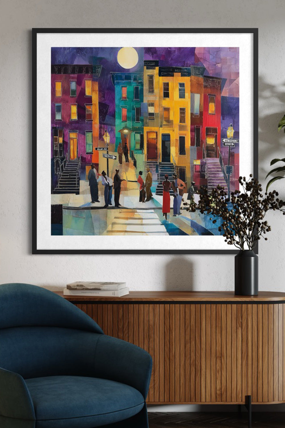 Abstract dark and moody, acrylic style art print of Black people standing on a Harlem sidewalk in front of iconic brownstone buildings.
