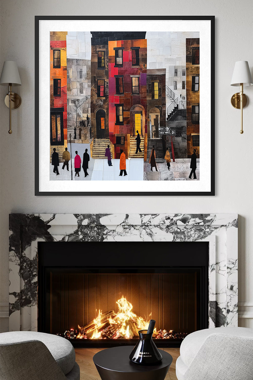 Abstract Afrocentric Harlem street scene art print featuring Black residents standing and socializing in front of historic brownstones in New York City.