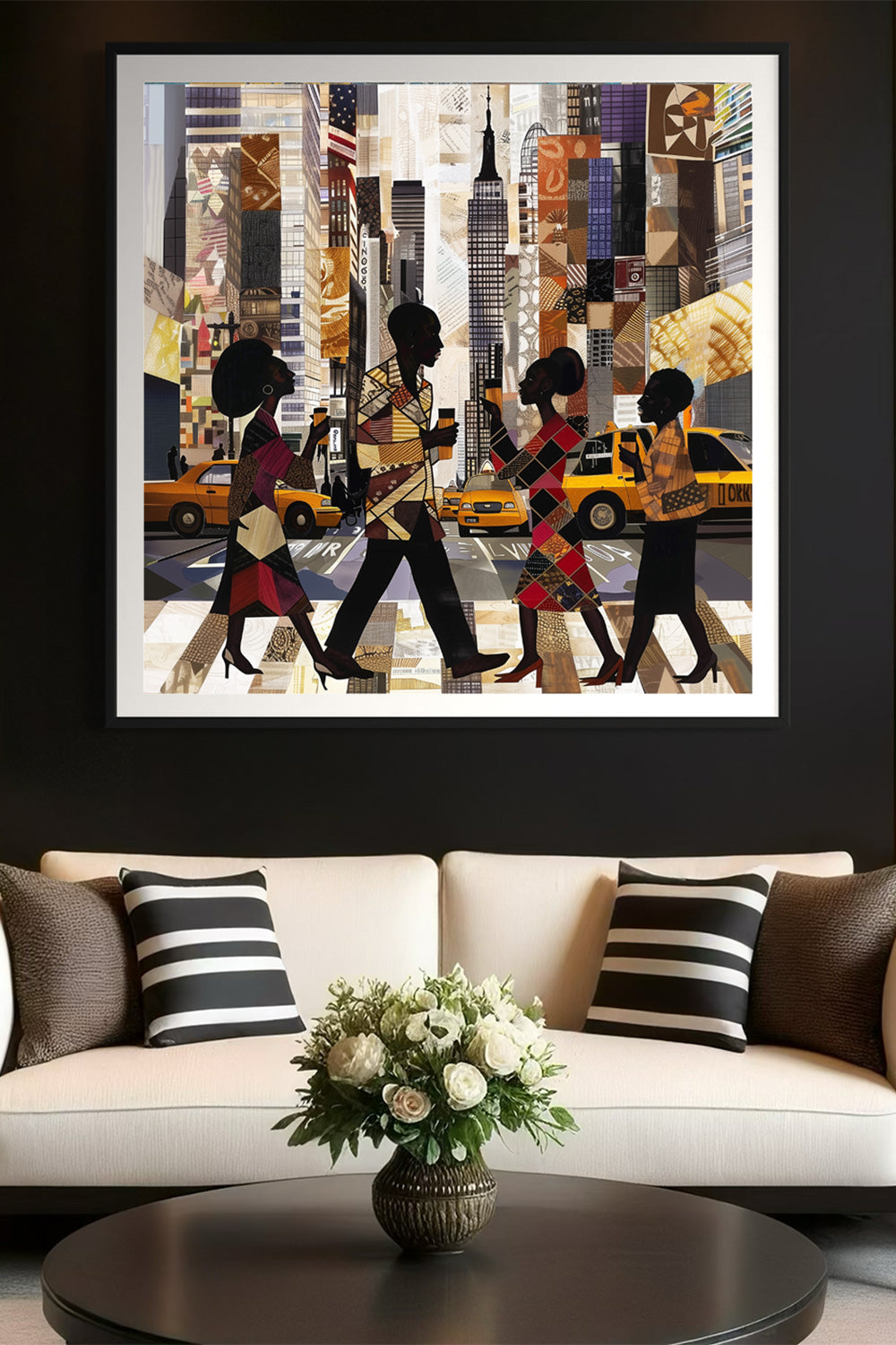 Abstract digital art print of Manhattan morning rush hour with Black figures walking to work, holding coffee cups, with yellow cabs and NYC skyscrapers in the background.