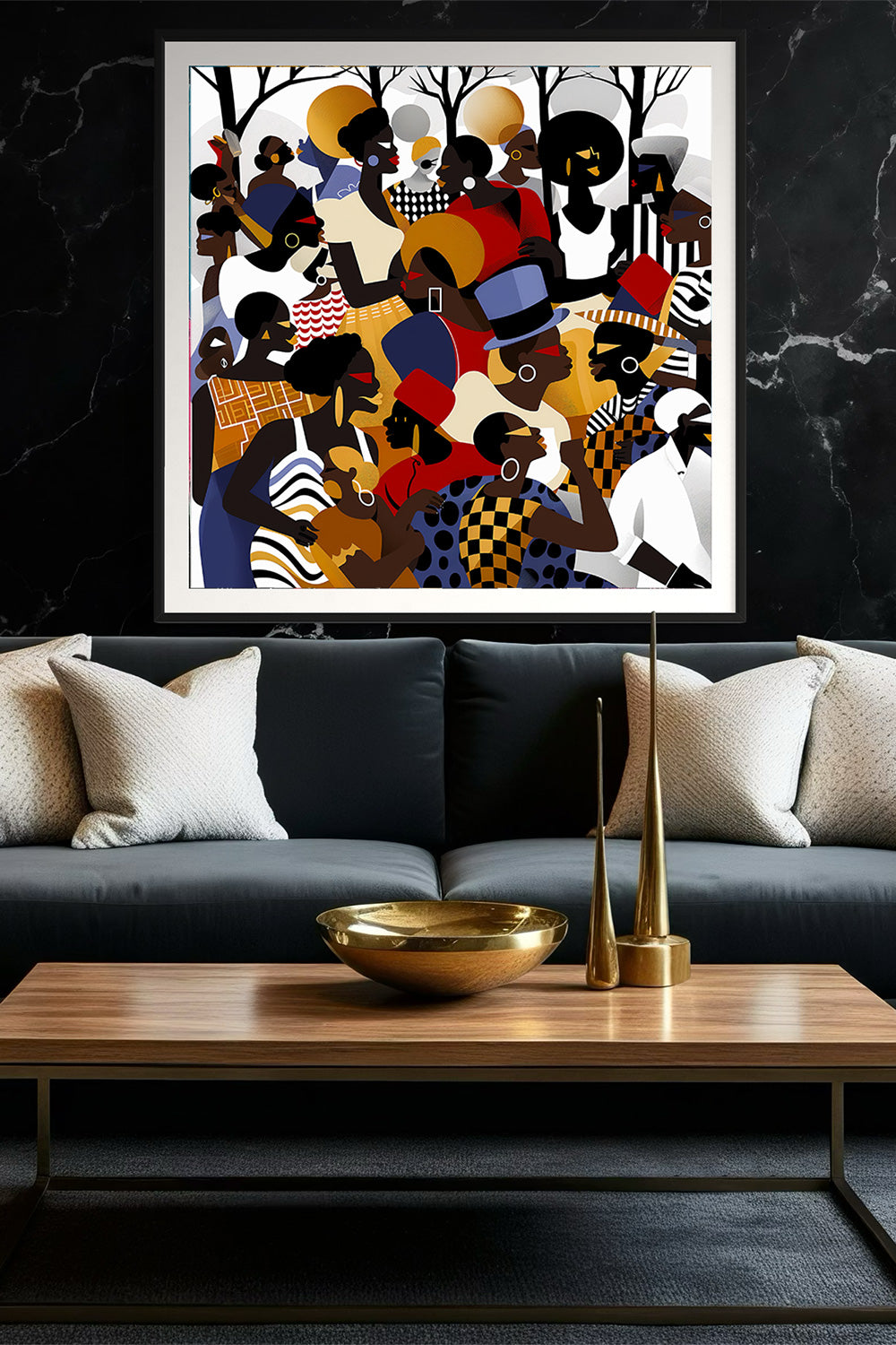 Juneteenth Art Print featuring an African American family reunion celebration in an Afrocentric outdoor setting. Vibrant digital artwork showcasing Black joy, unity, and heritage with bold colors representing freedom and cultural pride.