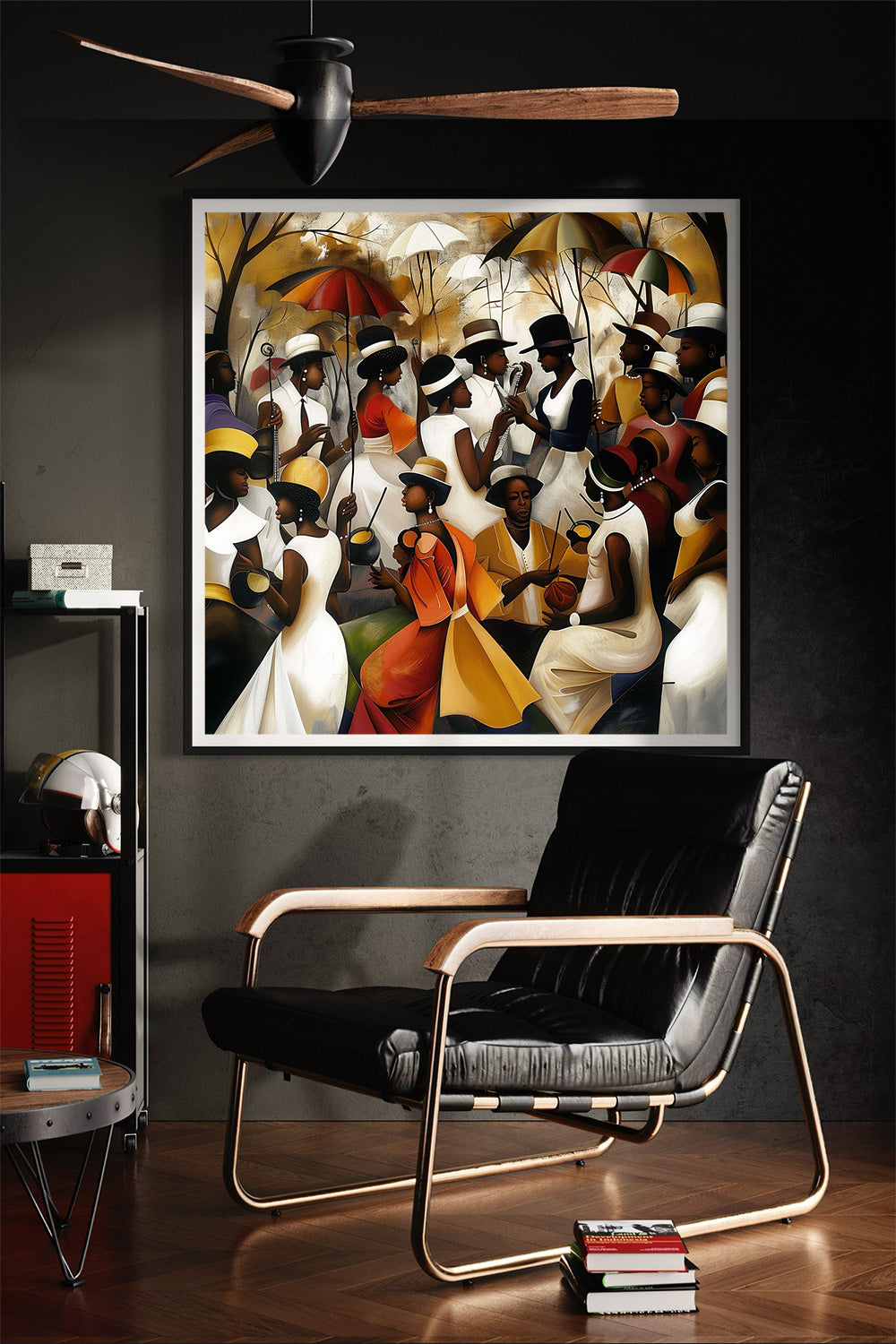 Juneteenth Art Print featuring a Black family reunion celebration in an Afrocentric outdoor setting. Vibrant digital artwork showcasing Black joy, unity, and heritage with bold colors representing freedom and cultural pride.