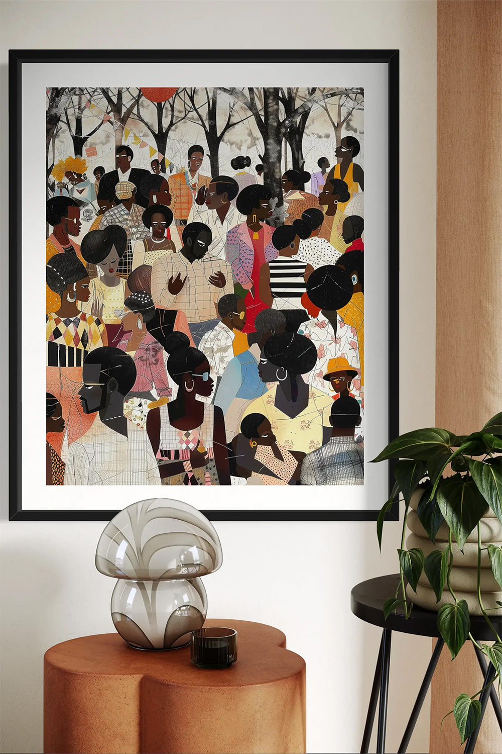Juneteenth Art Print featuring an African American family reunion celebration in an Afrocentric outdoor setting. Vibrant digital artwork showcasing Black joy, unity, and heritage with bold colors representing freedom and cultural pride.