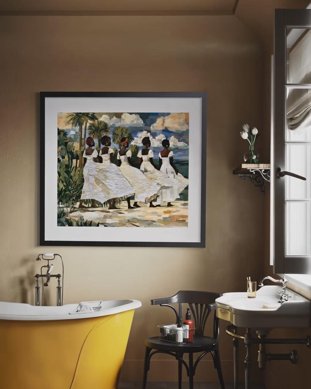 Video of a fine art print depicting Afrocentric Gullah Geechee women dressed in white faux quilt-style patter dresses celebrating Black Lowcountry coastal heritage, African American ancestry, cultural traditions, family, community, and life rooted by the sea. Image is displayed on a light gray wall next to a potted bonsai tree.