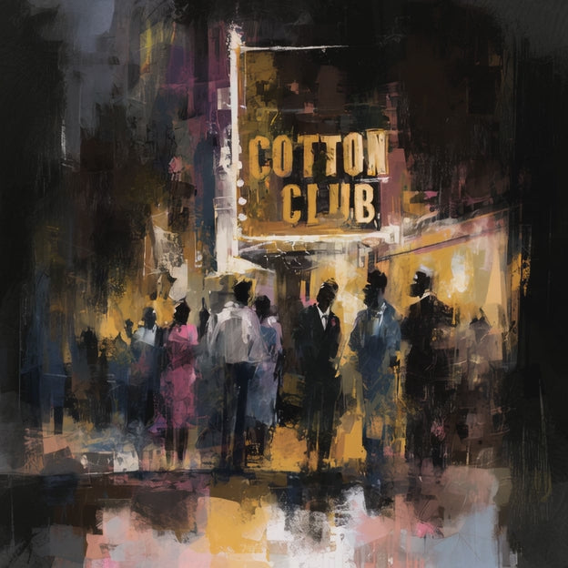 Harlem Cotton Club art print showing Black people standing outside the historic jazz nightclub with a glowing marquee at night in a Harlem Renaissance style street scene.