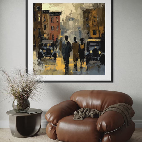 Abstract dark and moody, acrylic style art print of Black people standing on a Harlem street with iconic brownstones and vintage vehicles parked on the street.