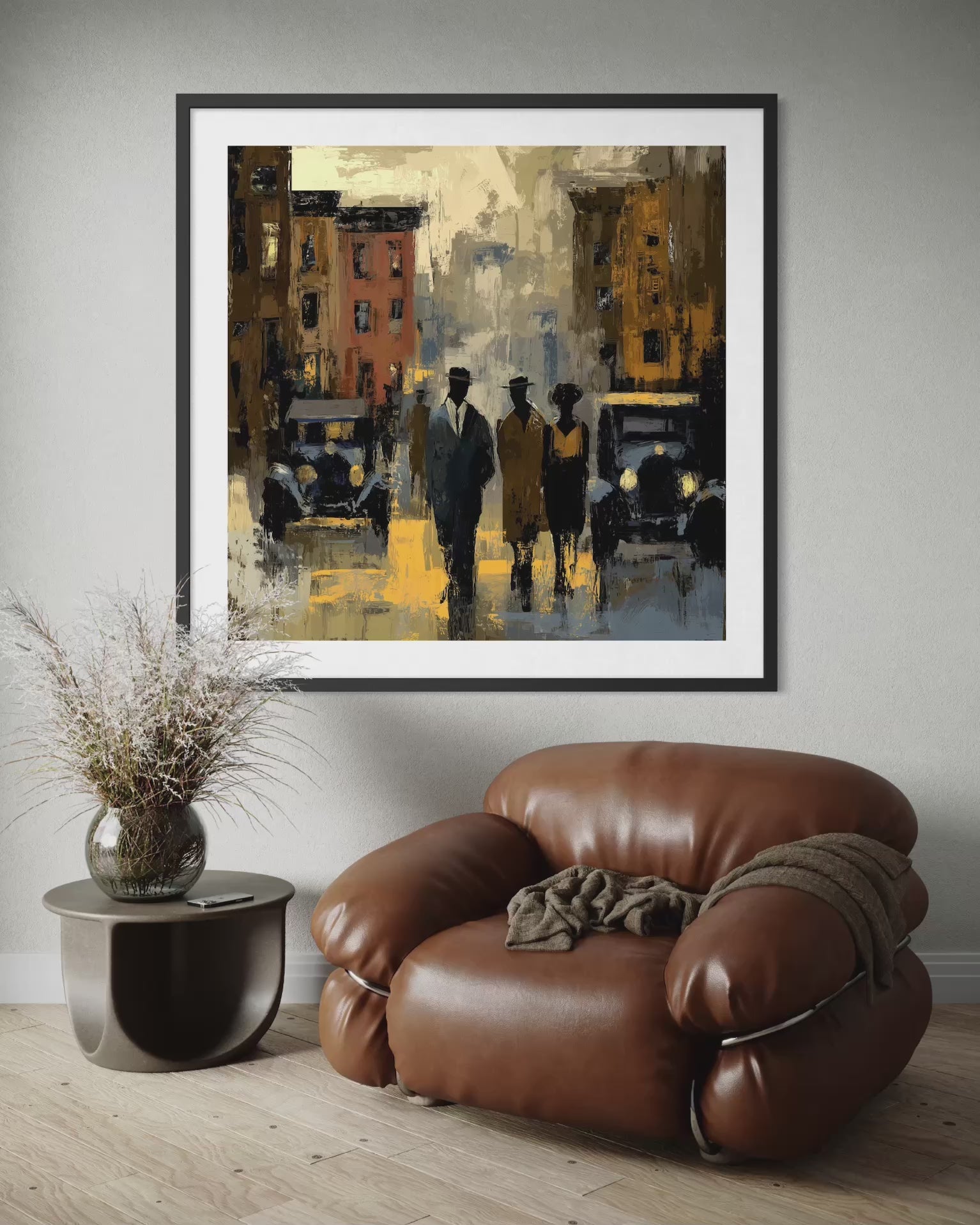 Abstract dark and moody, acrylic style art print of Black people standing on a Harlem street with iconic brownstones and vintage vehicles parked on the street.