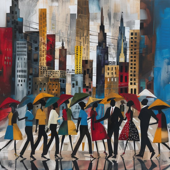 Video of Abstract Afrocentric art print of Black silhouettes walking through rainy Manhattan streets with umbrellas, with the New York City skyline in the background.  