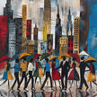 Video of Abstract Afrocentric art print of Black silhouettes walking through rainy Manhattan streets with umbrellas, with the New York City skyline in the background.  