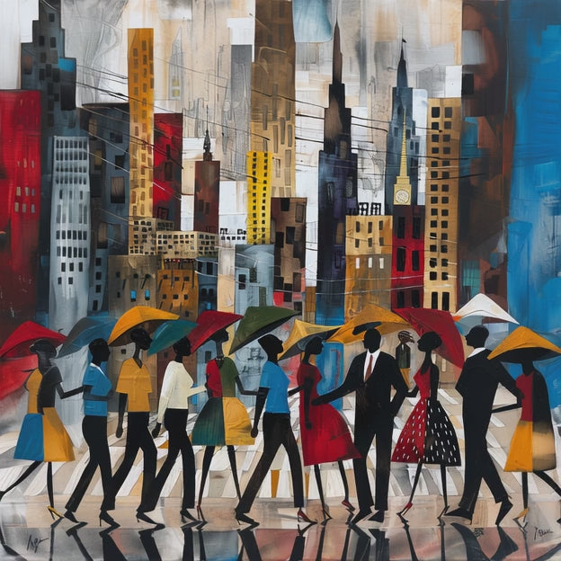 Video of Abstract Afrocentric art print of Black silhouettes walking through rainy Manhattan streets with umbrellas, with the New York City skyline in the background.  