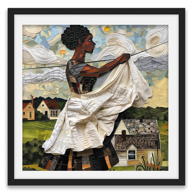 Black woman hanging sheets on an outdoor clothesline, rendered in a three-dimensional mosaic quilt collage style, celebrating domestic life, care, and Afrocentric heritage wall art.