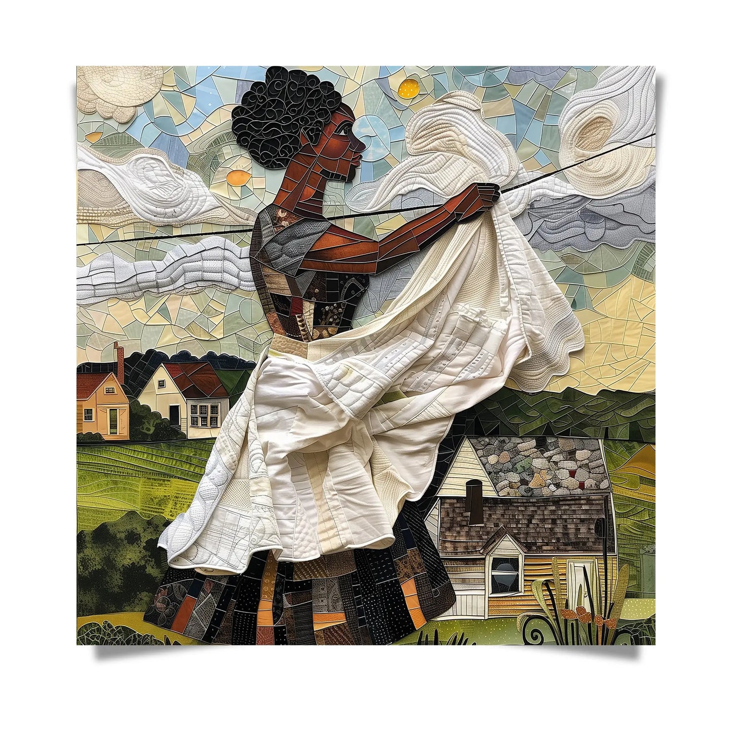 Black woman hanging sheets on an outdoor clothesline, rendered in a three-dimensional mosaic quilt collage style, celebrating domestic life, care, and Afrocentric heritage wall art.