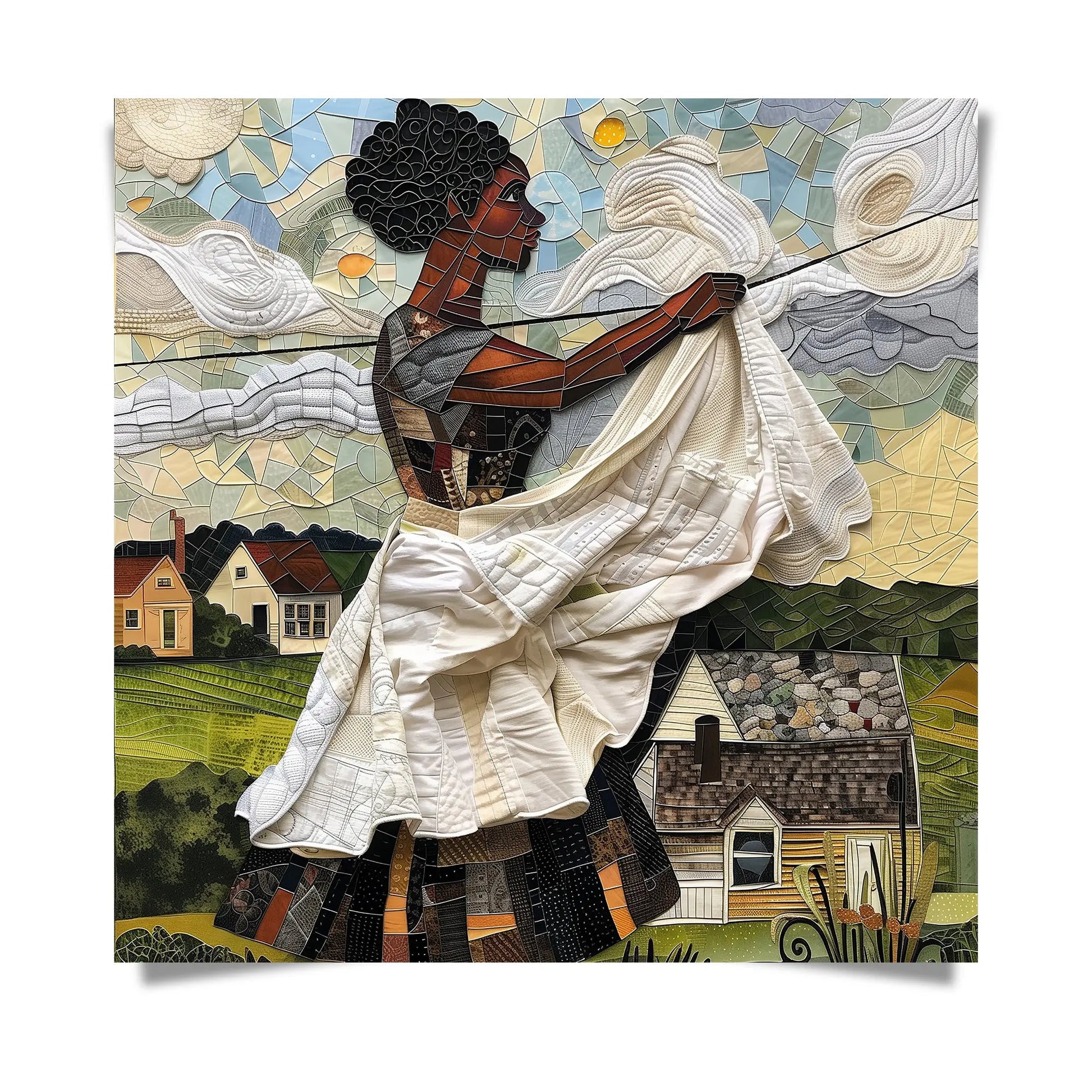 Black woman hanging sheets on an outdoor clothesline, rendered in a three-dimensional mosaic quilt collage style, celebrating domestic life, care, and Afrocentric heritage wall art.