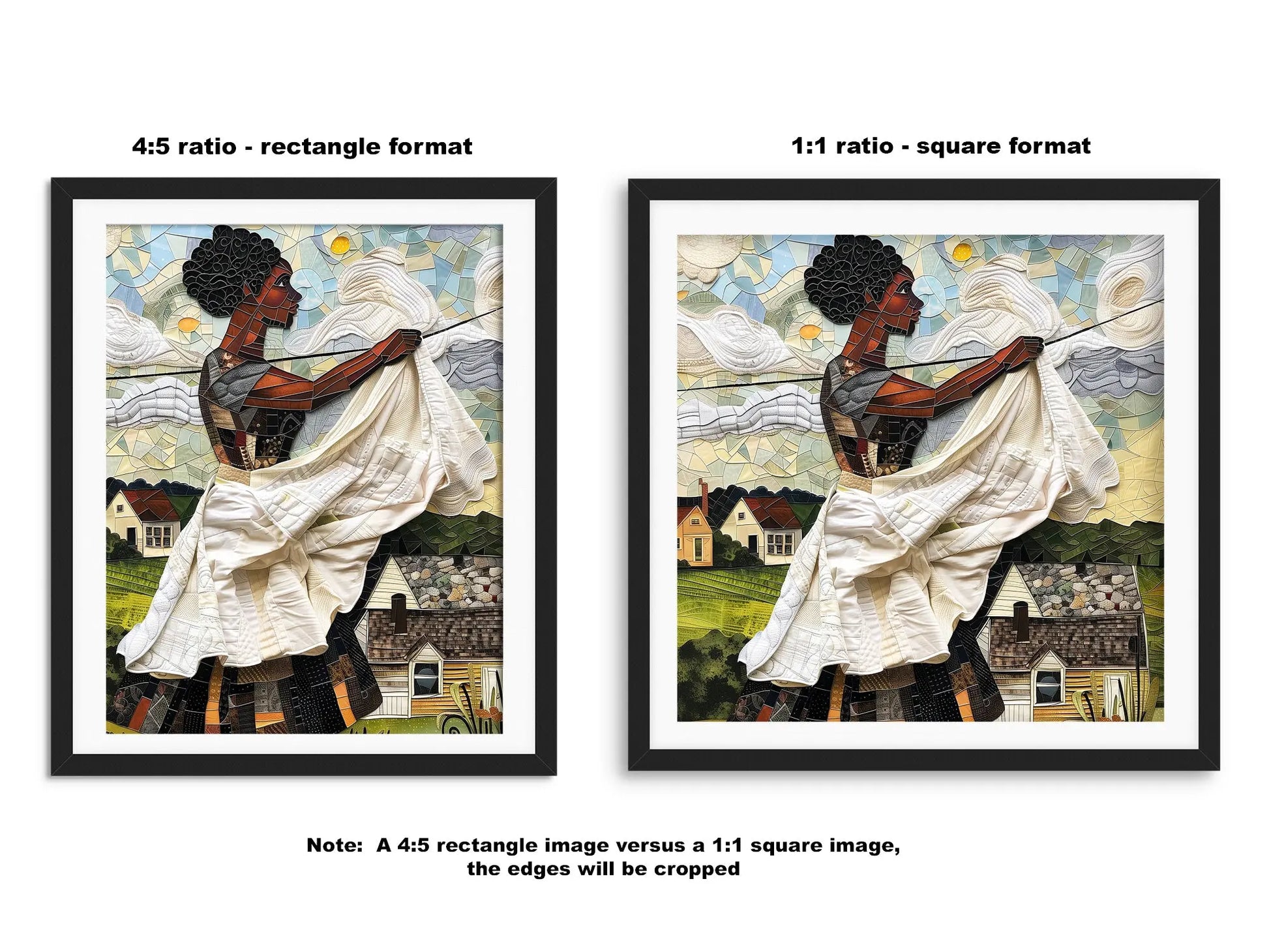 Black woman hanging sheets on an outdoor clothesline, rendered in a three-dimensional mosaic quilt collage style, celebrating domestic life, care, and Afrocentric heritage wall art.