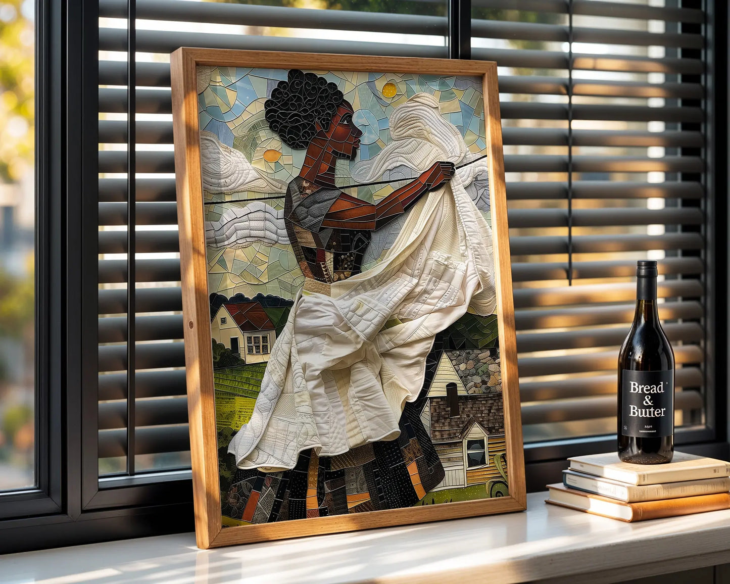 Black woman hanging sheets on an outdoor clothesline, rendered in a three-dimensional mosaic quilt collage style, celebrating domestic life, care, and Afrocentric heritage wall art.