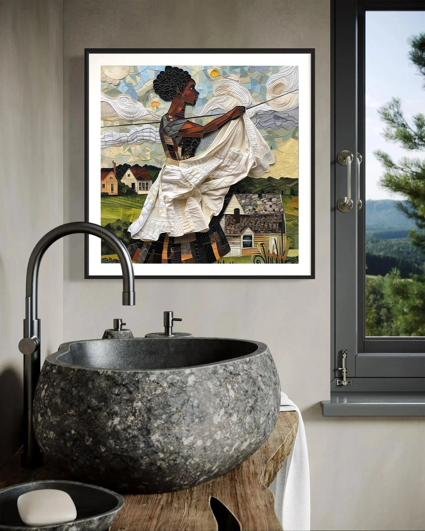 Black woman hanging sheets on an outdoor clothesline, rendered in a three-dimensional mosaic quilt collage style, celebrating domestic life, care, and Afrocentric heritage wall art.