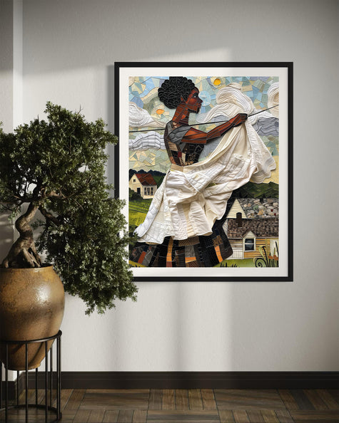 Black woman hanging sheets on an outdoor clothesline, rendered in a three-dimensional mosaic quilt collage style, celebrating domestic life, care, and Afrocentric heritage wall art.