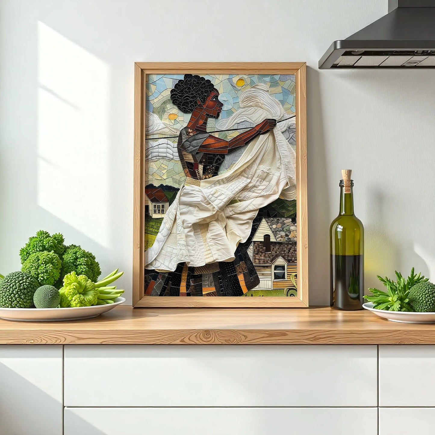 Black woman hanging sheets on an outdoor clothesline, rendered in a three-dimensional mosaic quilt collage style, celebrating domestic life, care, and Afrocentric heritage wall art.