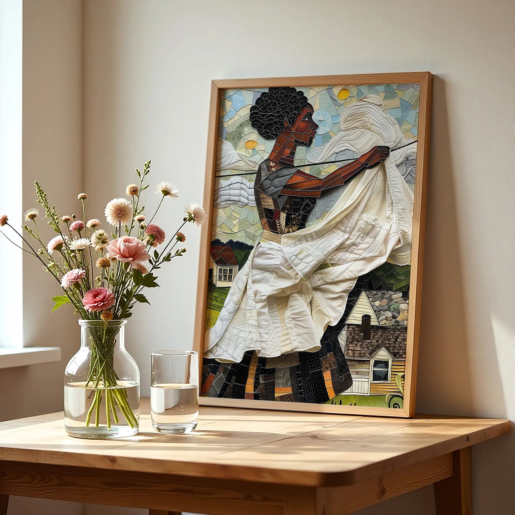 Black woman hanging sheets on an outdoor clothesline, rendered in a three-dimensional mosaic quilt collage style, celebrating domestic life, care, and Afrocentric heritage wall art.