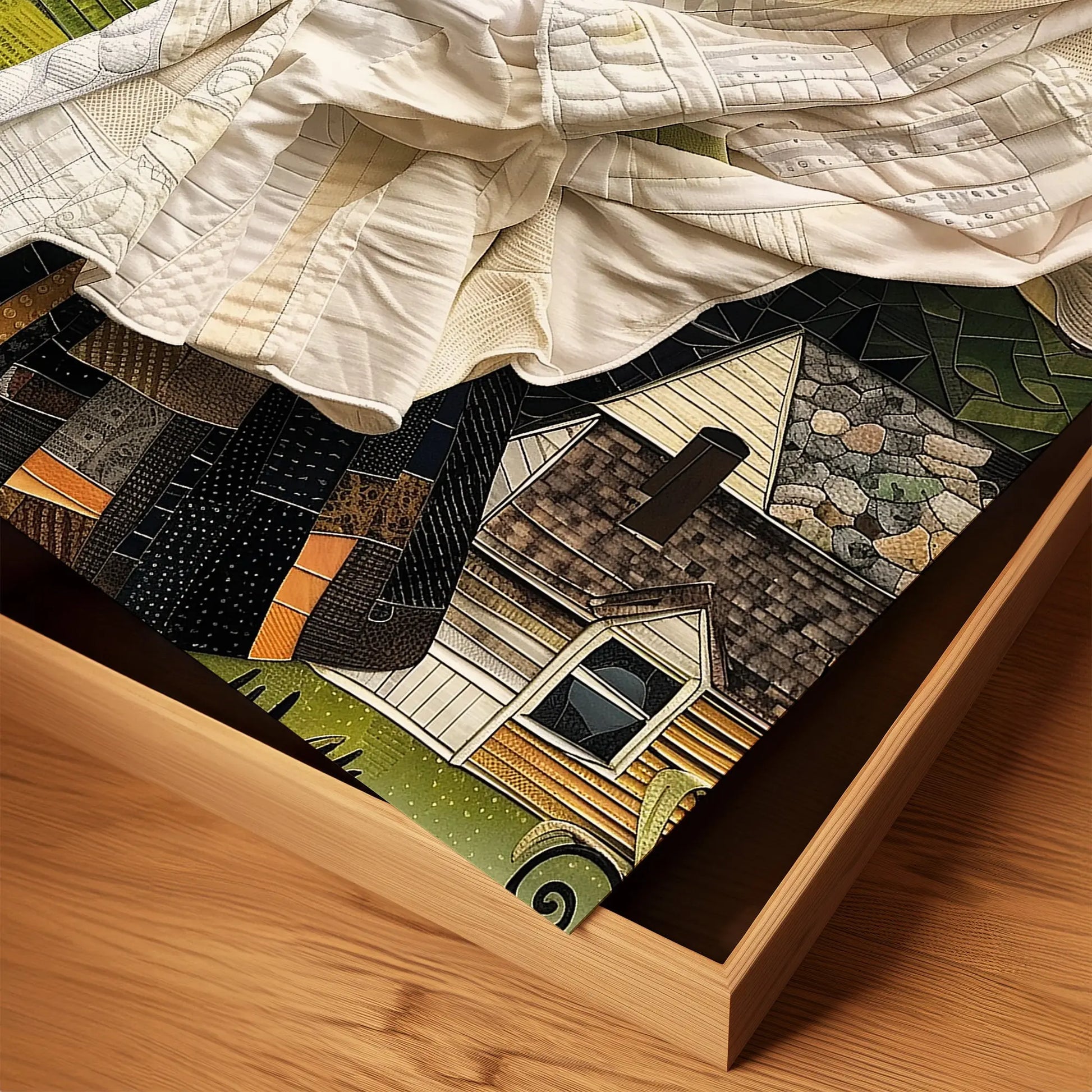 Black woman hanging sheets on an outdoor clothesline, rendered in a three-dimensional mosaic quilt collage style, celebrating domestic life, care, and Afrocentric heritage wall art.