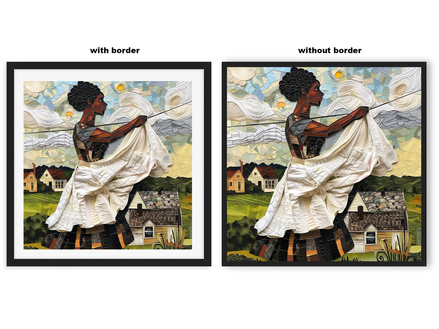 Black woman hanging sheets on an outdoor clothesline, rendered in a three-dimensional mosaic quilt collage style, celebrating domestic life, care, and Afrocentric heritage wall art.
