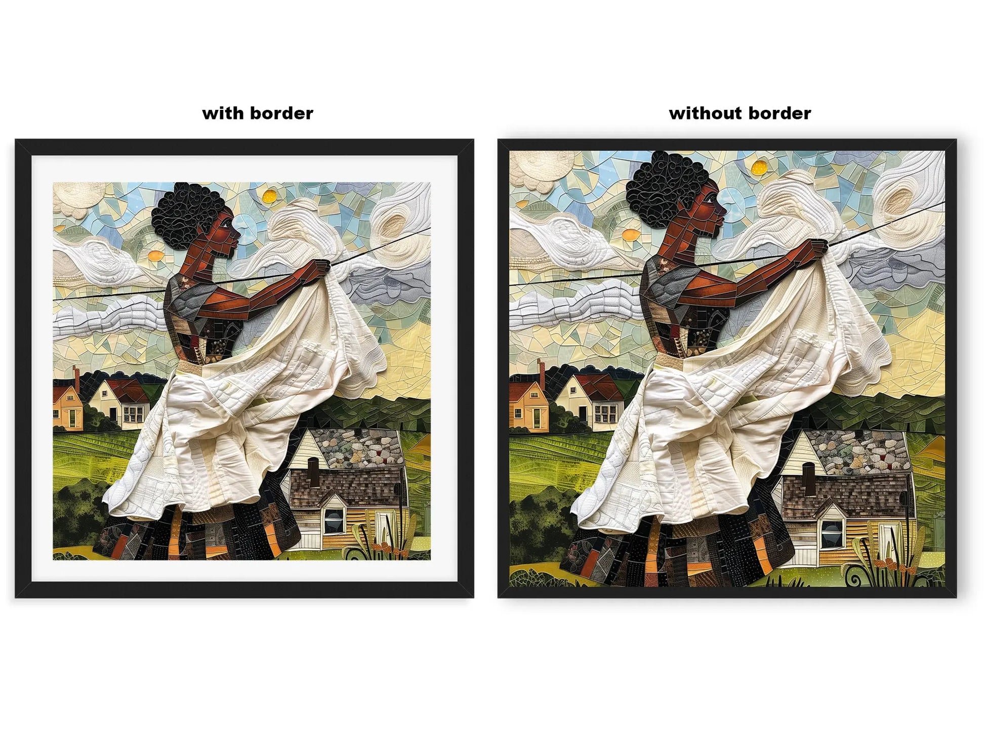 Black woman hanging sheets on an outdoor clothesline, rendered in a three-dimensional mosaic quilt collage style, celebrating domestic life, care, and Afrocentric heritage wall art.