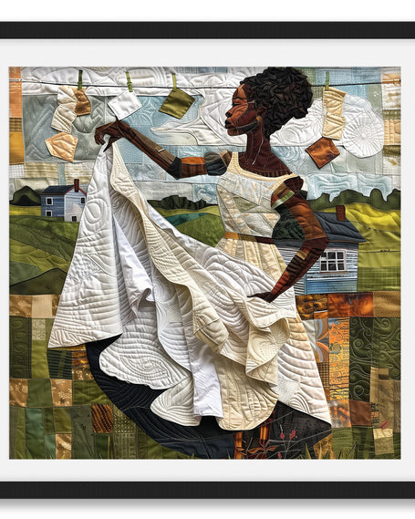 Black woman hanging sheets on an outdoor clothesline, rendered in a three-dimensional mosaic quilt collage style, celebrating domestic life, care, and Afrocentric heritage wall art.