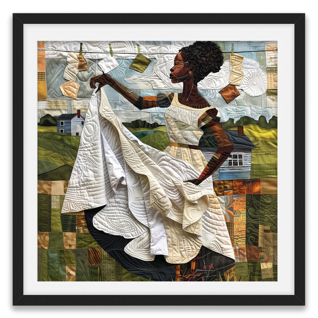 Black woman hanging sheets on an outdoor clothesline, rendered in a three-dimensional mosaic quilt collage style, celebrating domestic life, care, and Afrocentric heritage wall art.