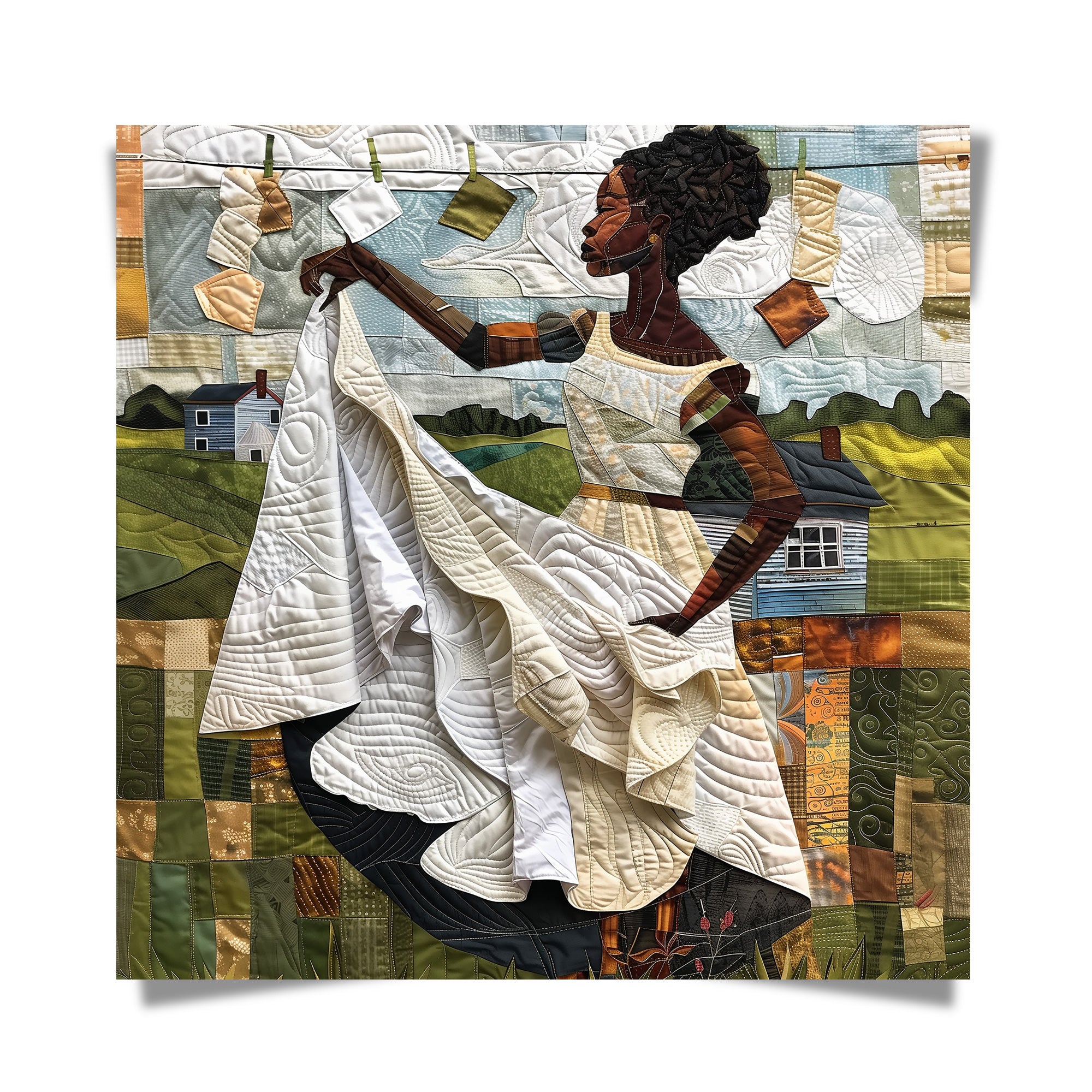 Black woman hanging sheets on an outdoor clothesline, rendered in a three-dimensional mosaic quilt collage style, celebrating domestic life, care, and Afrocentric heritage wall art.