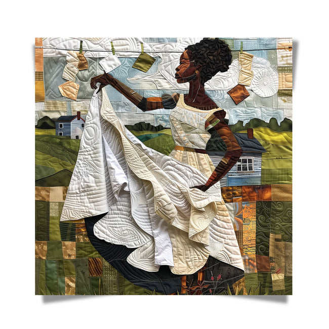 Black woman hanging sheets on an outdoor clothesline, rendered in a three-dimensional mosaic quilt collage style, celebrating domestic life, care, and Afrocentric heritage wall art.