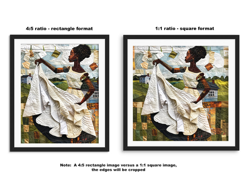 Black woman hanging sheets on an outdoor clothesline, rendered in a three-dimensional mosaic quilt collage style, celebrating domestic life, care, and Afrocentric heritage wall art.