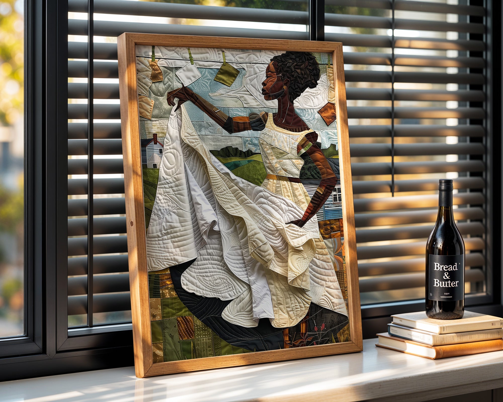 Black woman hanging sheets on an outdoor clothesline, rendered in a three-dimensional mosaic quilt collage style, celebrating domestic life, care, and Afrocentric heritage wall art.