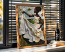 Black woman hanging sheets on an outdoor clothesline, rendered in a three-dimensional mosaic quilt collage style, celebrating domestic life, care, and Afrocentric heritage wall art.