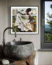 Black woman hanging sheets on an outdoor clothesline, rendered in a three-dimensional mosaic quilt collage style, celebrating domestic life, care, and Afrocentric heritage wall art.