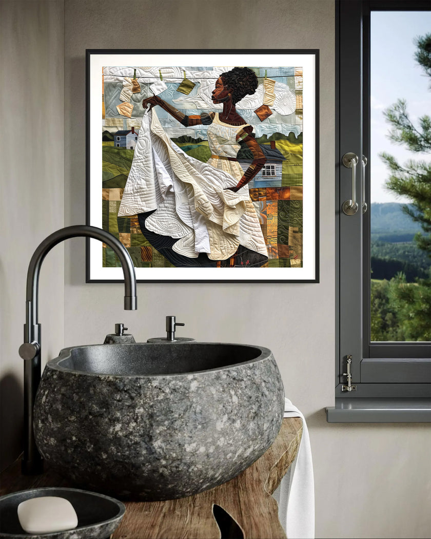 Black woman hanging sheets on an outdoor clothesline, rendered in a three-dimensional mosaic quilt collage style, celebrating domestic life, care, and Afrocentric heritage wall art.