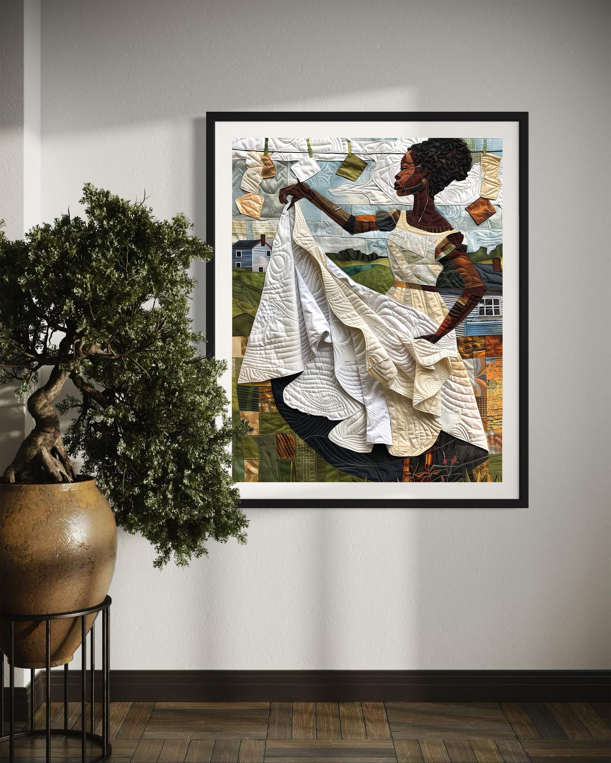 Black woman hanging sheets on an outdoor clothesline, rendered in a three-dimensional mosaic quilt collage style, celebrating domestic life, care, and Afrocentric heritage wall art.